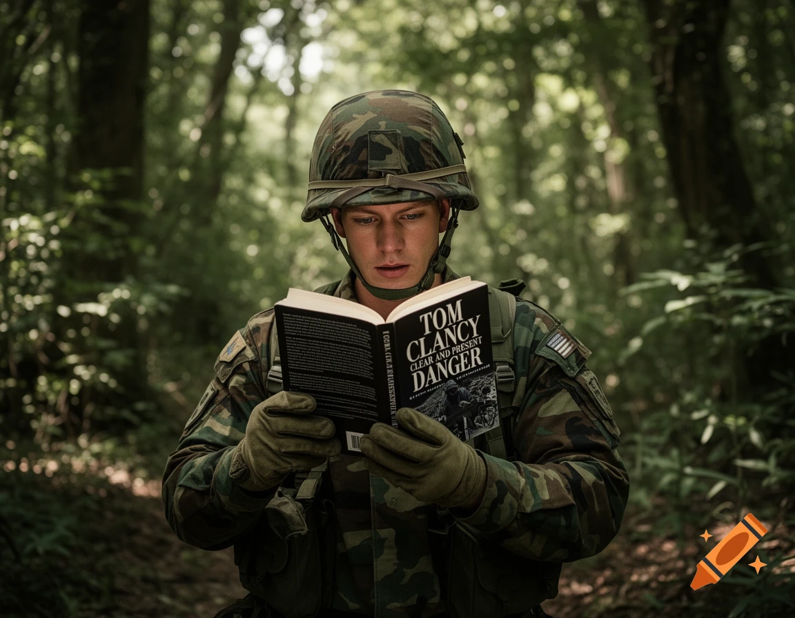 A soldier in a woodland camo uniform and helmet reads a book titled 'Tom Clancy Clear and Present Danger' in a lush forest.