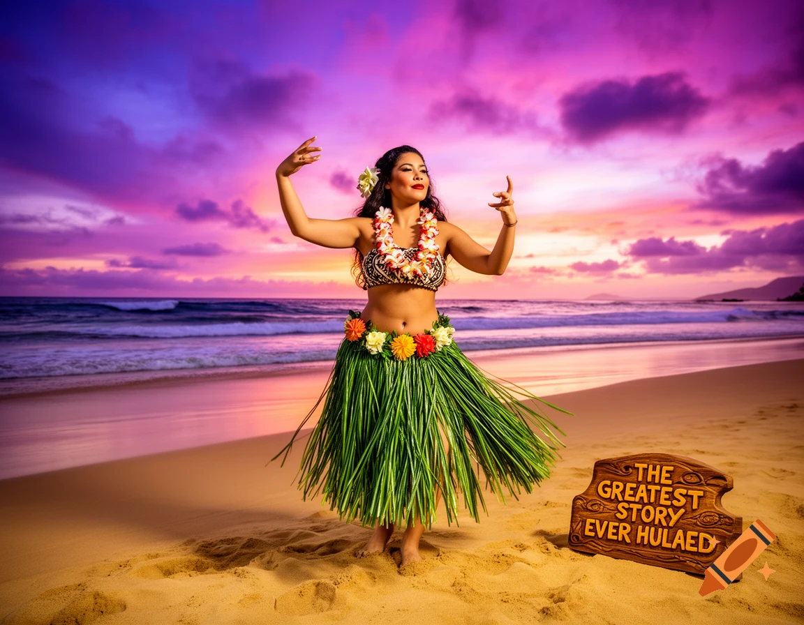 A hula dancer in a grass skirt and floral lei performs on a beach at sunset next to a sign reading 'THE GREATEST STORY EVER HULAED'.