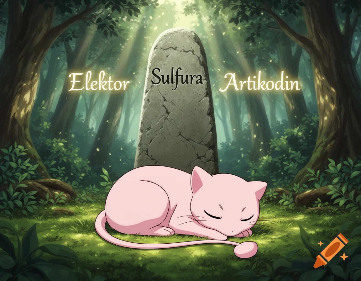 An anime-style image of a pink Mew sleeping at the foot of a stone stele in a magical forest, with "Elektor", "Sulfura", "Artikodin" floating above.