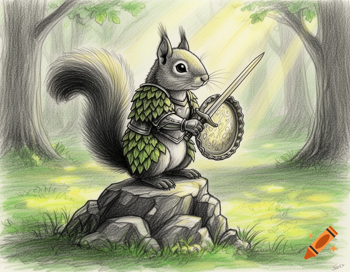 A colored pencil sketch of a squirrel knight in leaf and metal armor, holding a sword and ornate shield, standing on a rock in a sunlit forest.