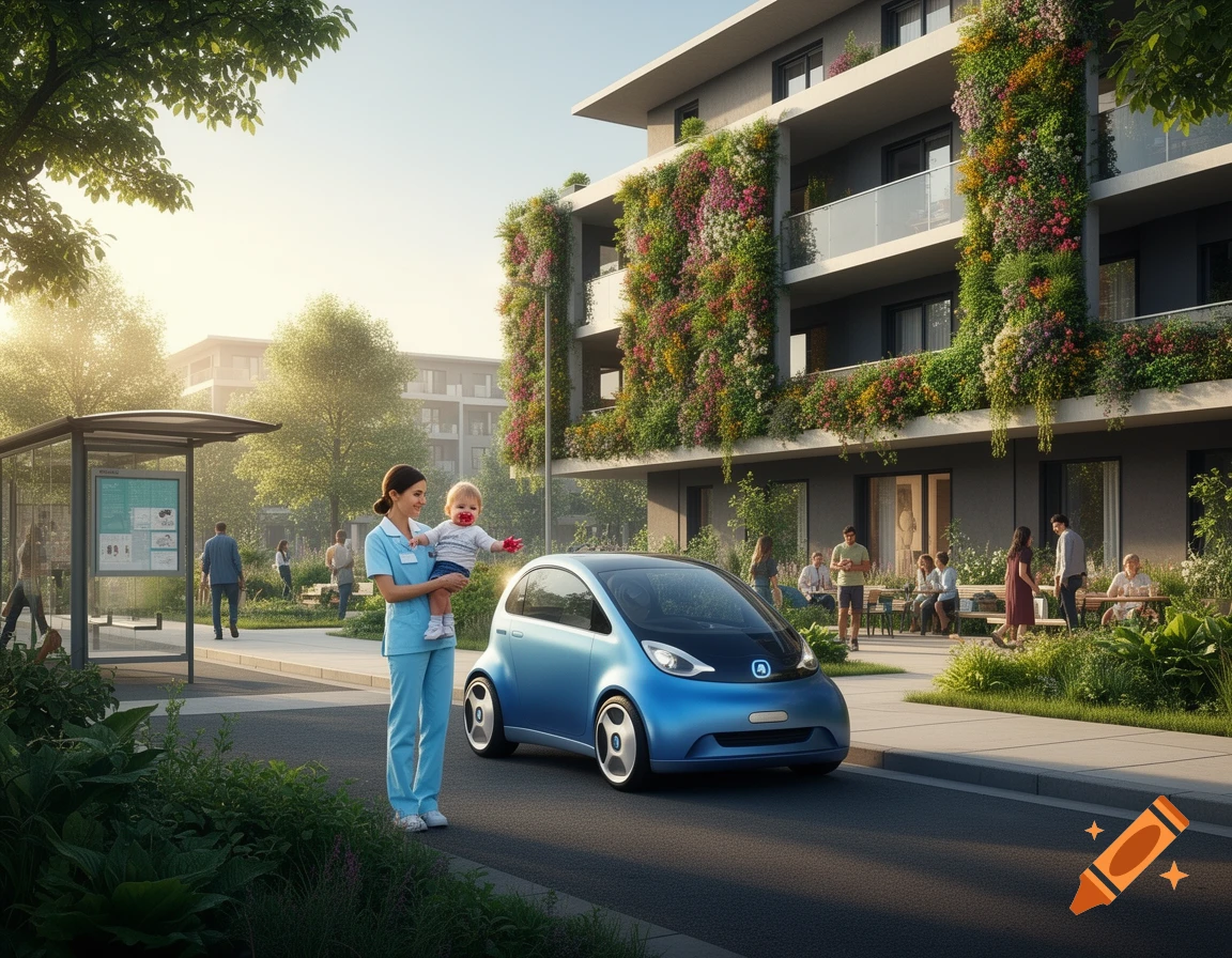 A nurse holding a baby stands next to a blue driverless car on a street in front of a modern building with a vertical garden.