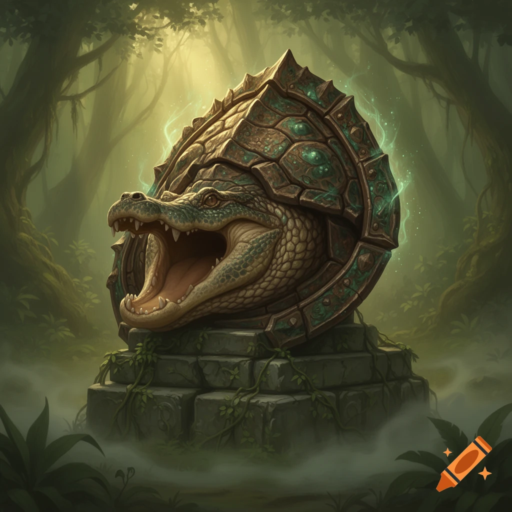 A mystical shield resembling an alligator snapping turtle head with glowing green energy, resting on a stone pedestal in a misty jungle.
