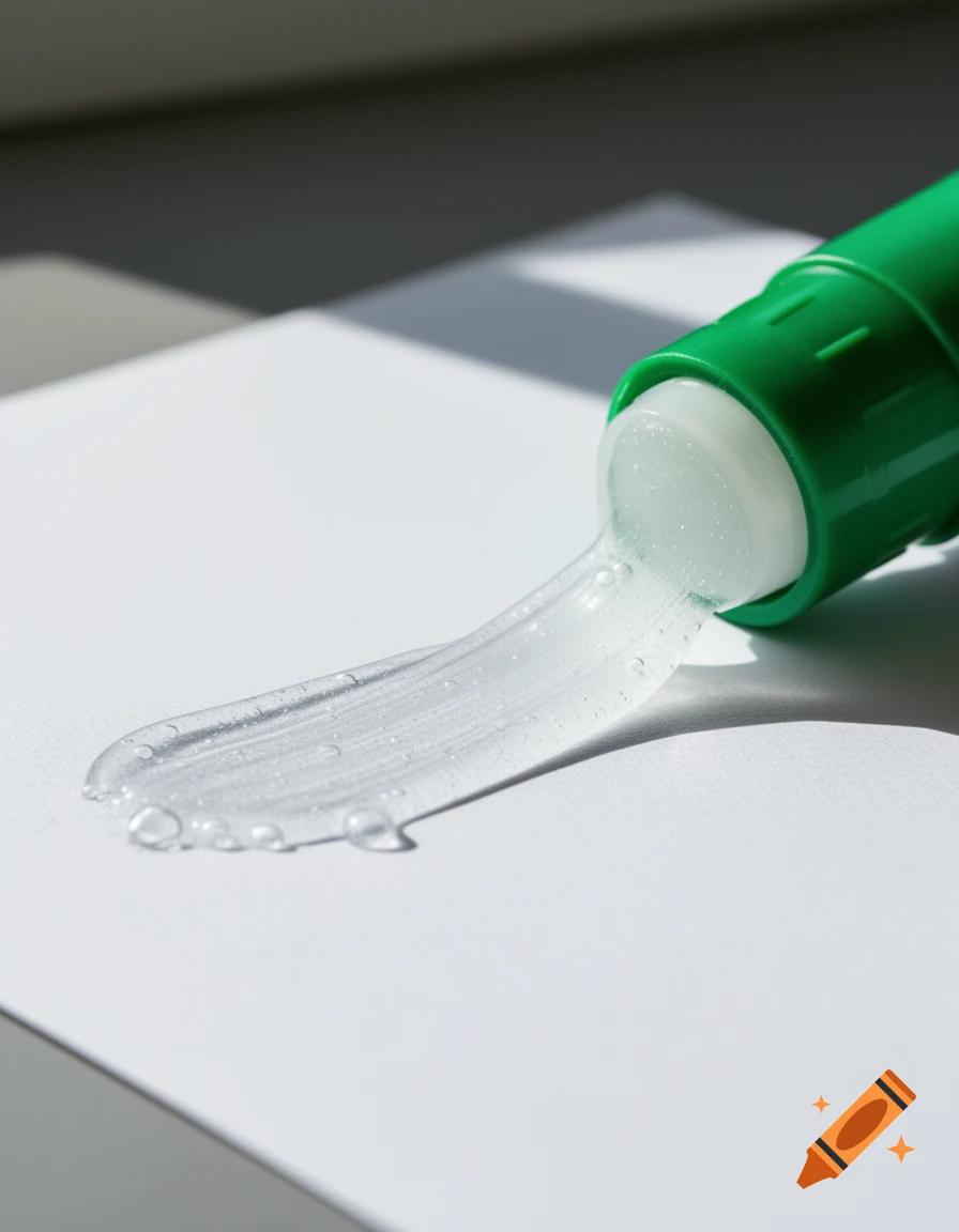 A close-up shot of a green glue stick squeezing clear gel glue onto a white surface, with air bubbles in the glue.