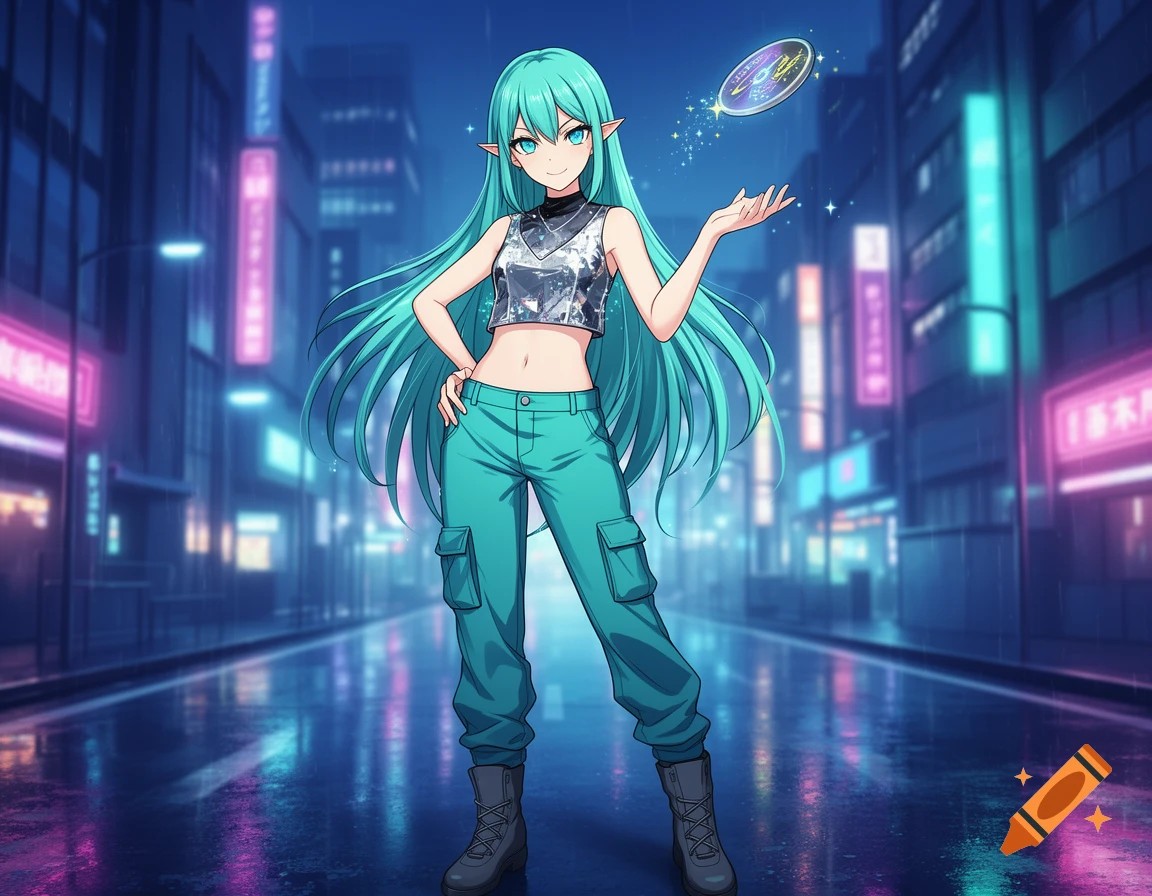 Anime girl with teal hair in a crop top and cargo pants, holding a disc, on a wet cyberpunk city street at night.