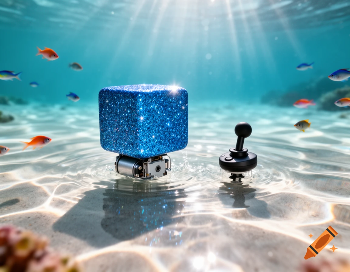 A blue glittery cube with a motor and a black joystick rest on a sandy ocean floor, with fish swimming in the clear water above.