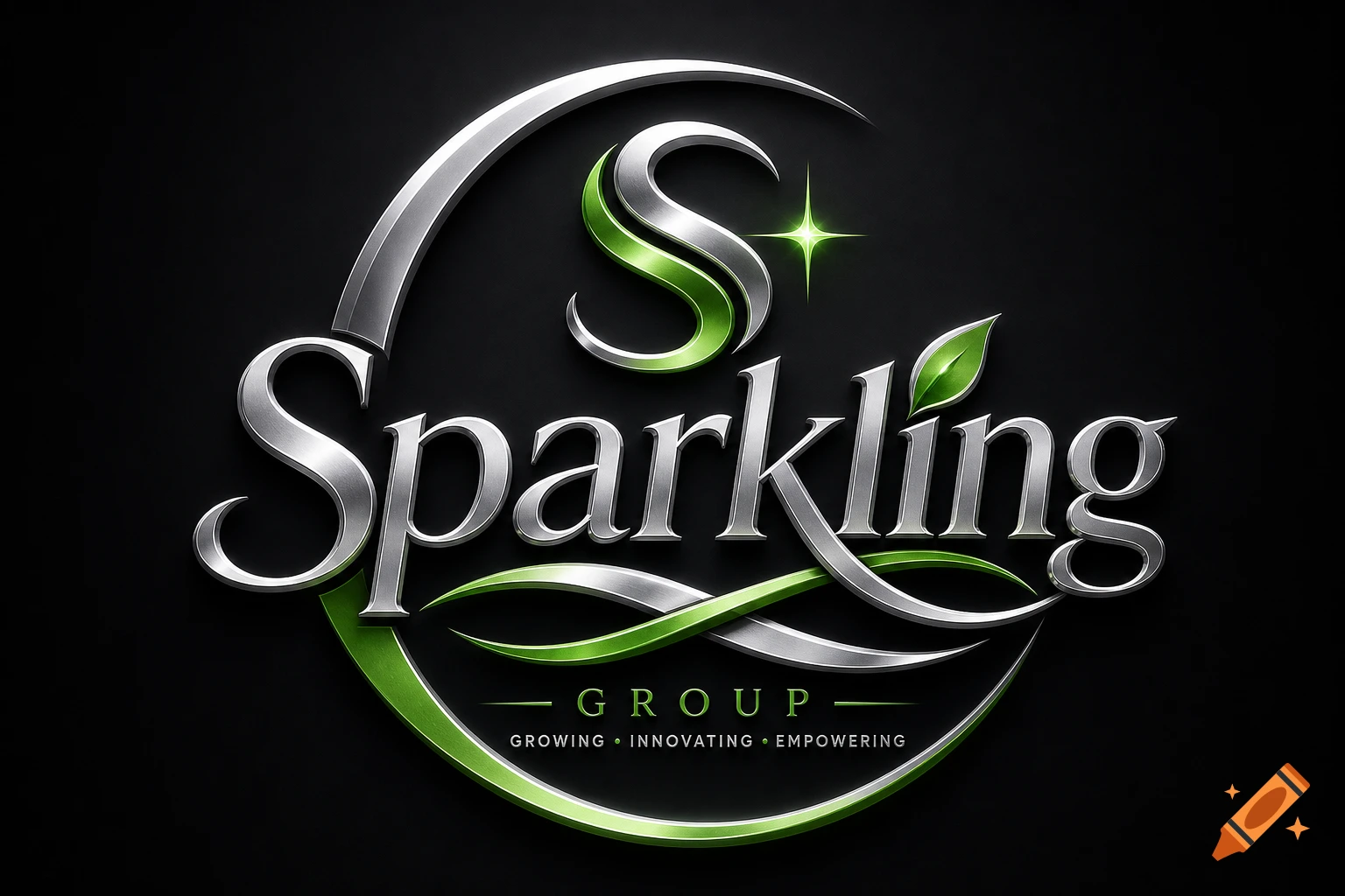 A sleek 3D metallic silver and green logo for 'Sparkling Group' with the motto 'GROWING INNOVATING EMPOWERING' on a black background.