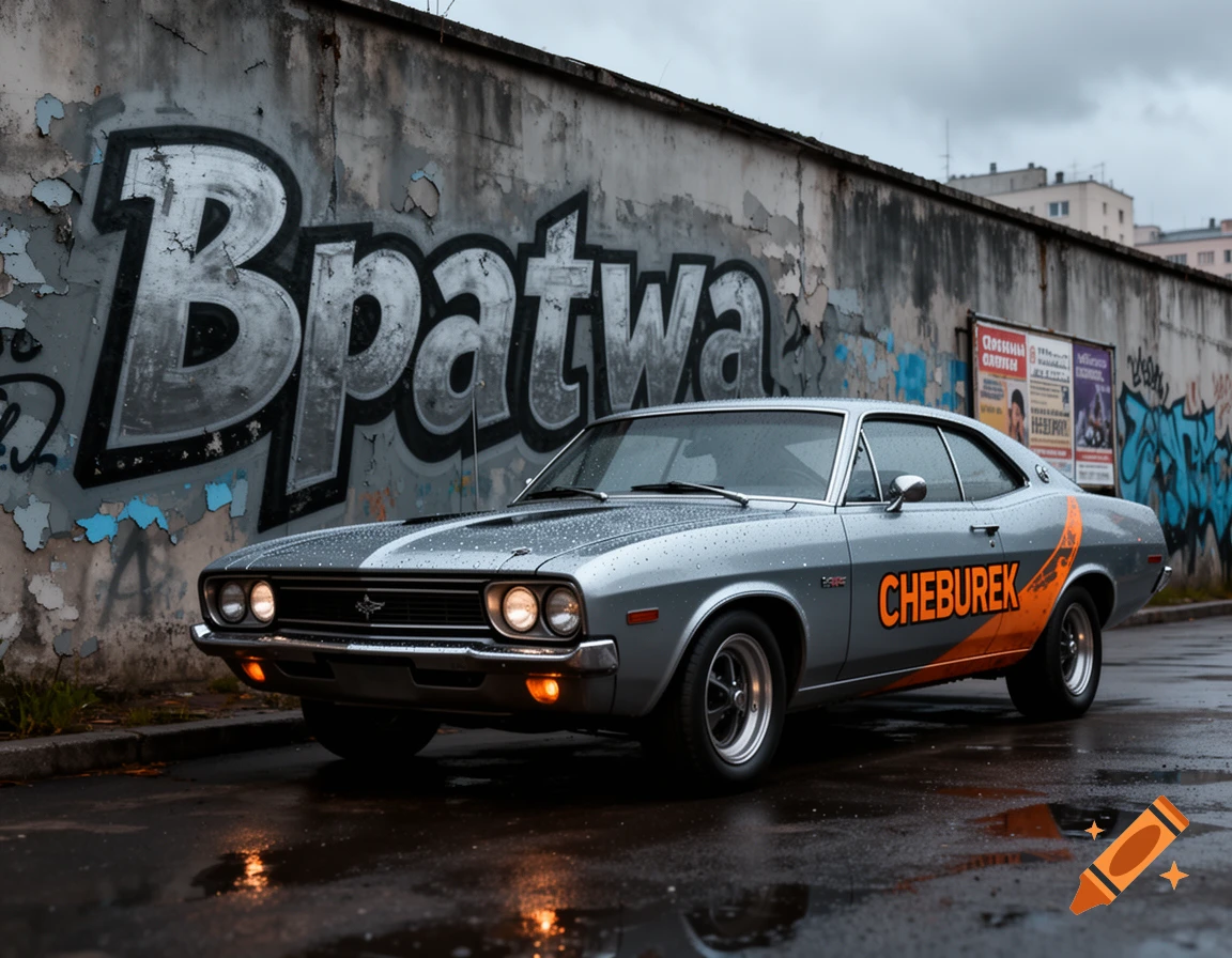 Silver classic car with 'CHEBUREK' text and orange stripe parked on a wet street next to a graffiti-covered wall.