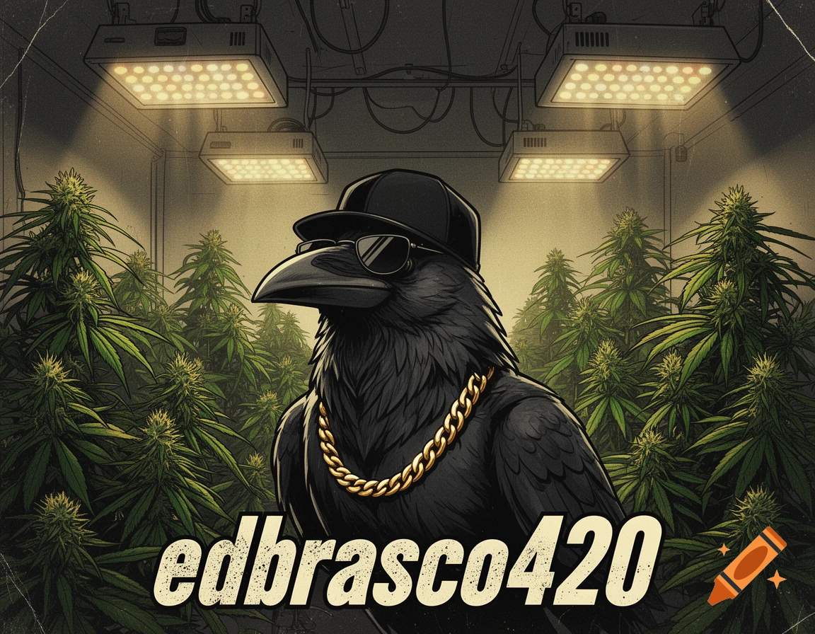 A cool cartoon raven with a cap, sunglasses, and gold chain in a cannabis grow room with LED lights, vintage comic style.