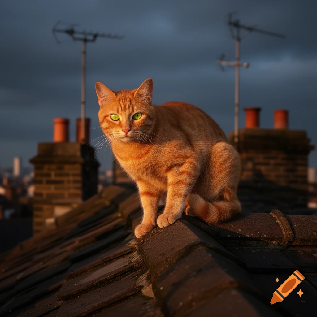 An orange tabby cat with glowing green eyes sits on a tiled rooftop at sunset, with chimneys and a distant city skyline under a dark sky.
