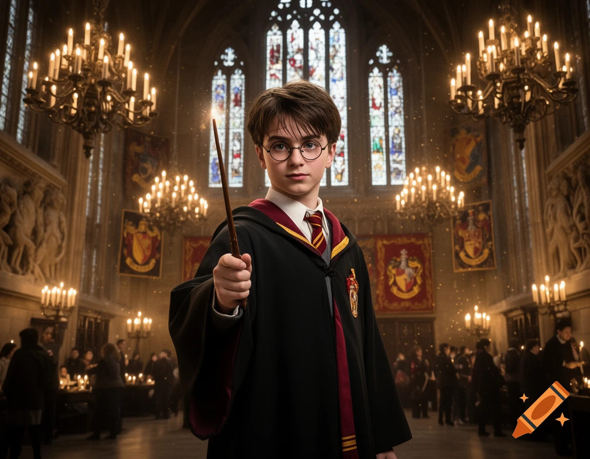 Harry Potter stands in a grand hall, holding a glowing wand, with chandeliers and stained glass windows in the background.