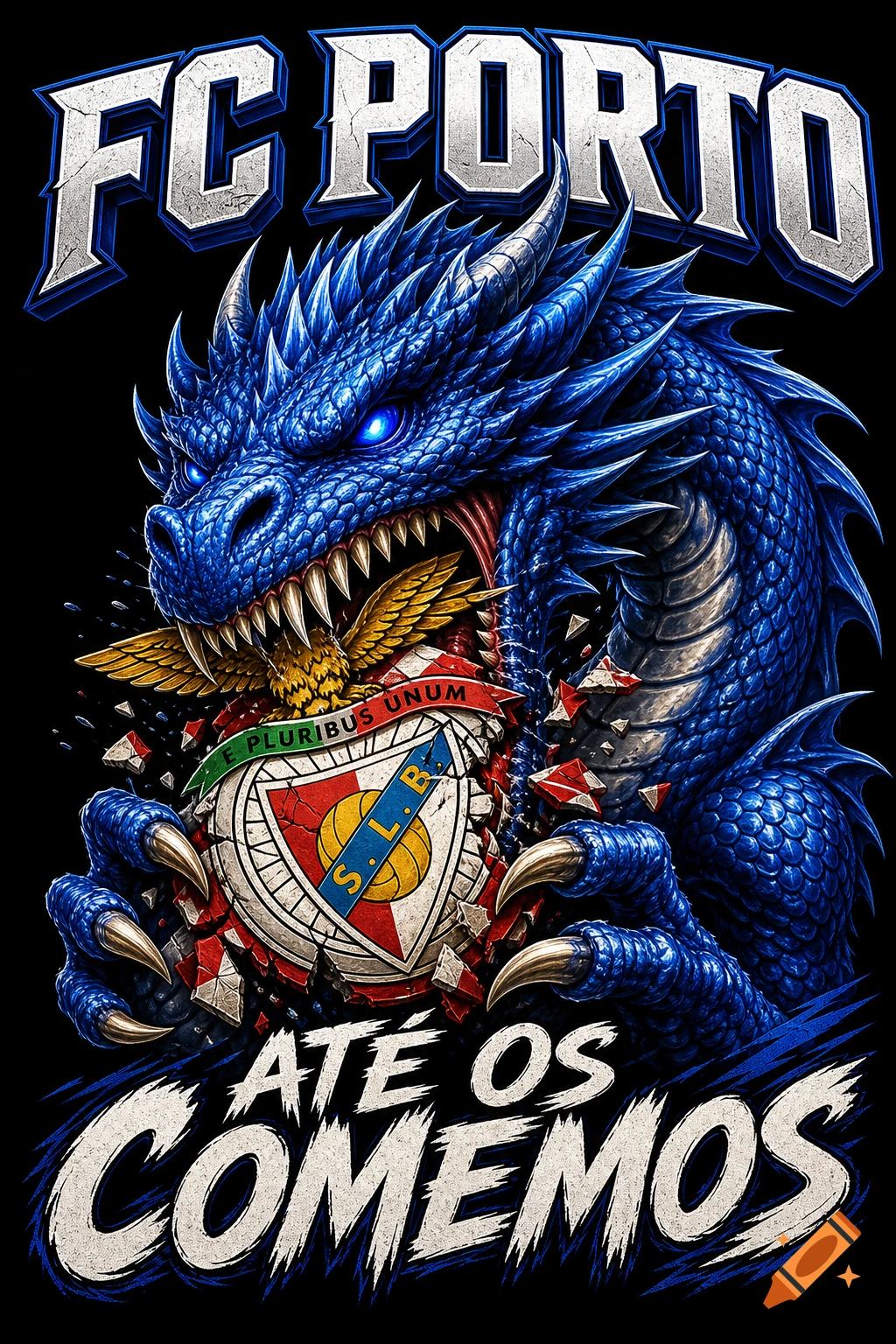 A stylized blue dragon with glowing eyes devours a red, white, and gold crest, with "FC PORTO" above and "ATÉ OS COMEMOS" below, all on a black background.