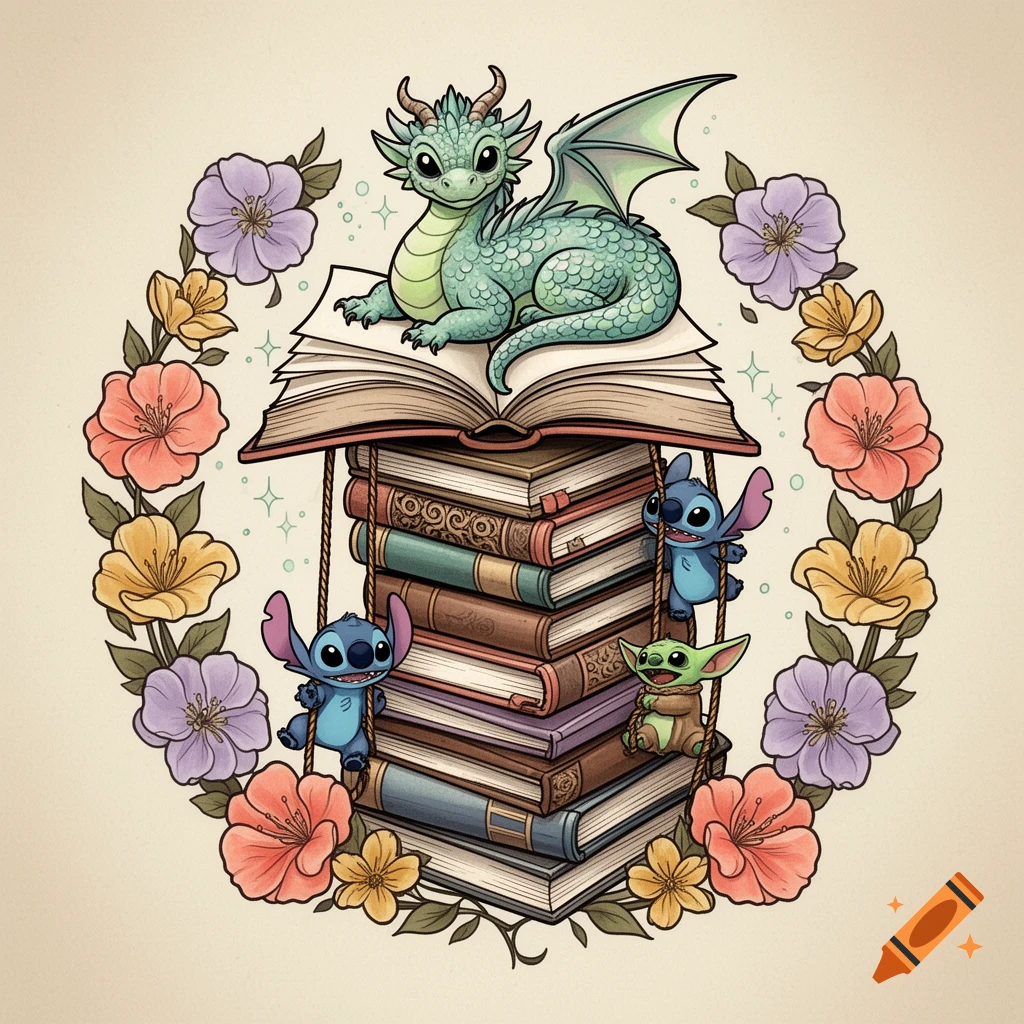 A cute green dragon on an open book atop a stack of books, with Stitch and Grogu climbing ropes, framed by colorful flowers in a comic style.