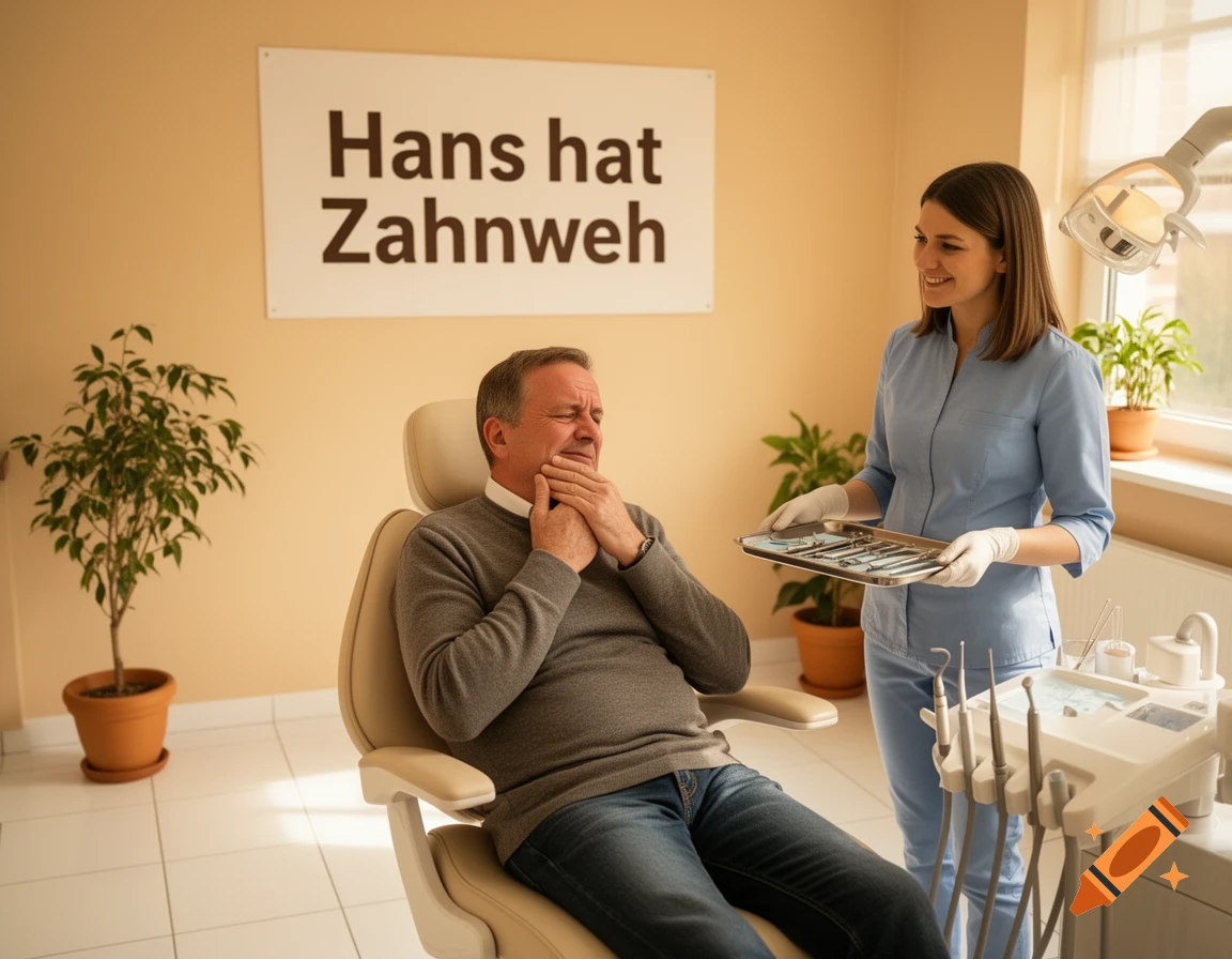 Man in a dental chair grimacing with toothache as a female dentist holds a tray of tools, in a photorealistic style.