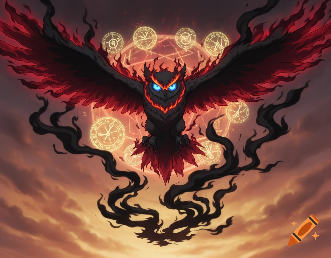 A gigantic, dark owl-dragon with fiery red wings and glowing blue eyes, surrounded by magical clock-like symbols and shadowy mist against an orange sky.