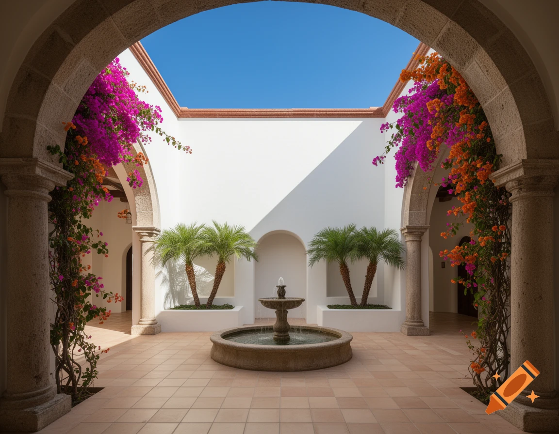 A serene Spanish-Colonial courtyard with white walls, stone arches, vibrant bougainvillea, palm trees, and a central stone fountain under a blue sky.