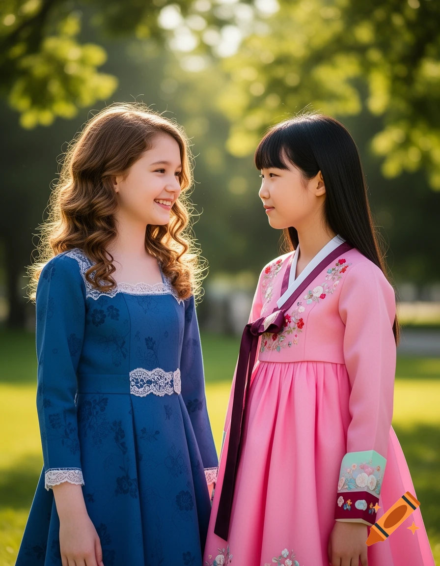 Two young girls, one in a blue dress and the other in a pink Hanbok, smiling at each other in a sunny park.