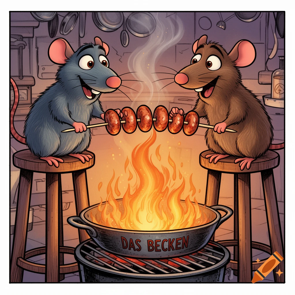 Two cartoon rats, similar to Remy and Emile, grill sausages on skewers over a pan labeled 'DAS BECKEN' on a fiery grill in a kitchen.