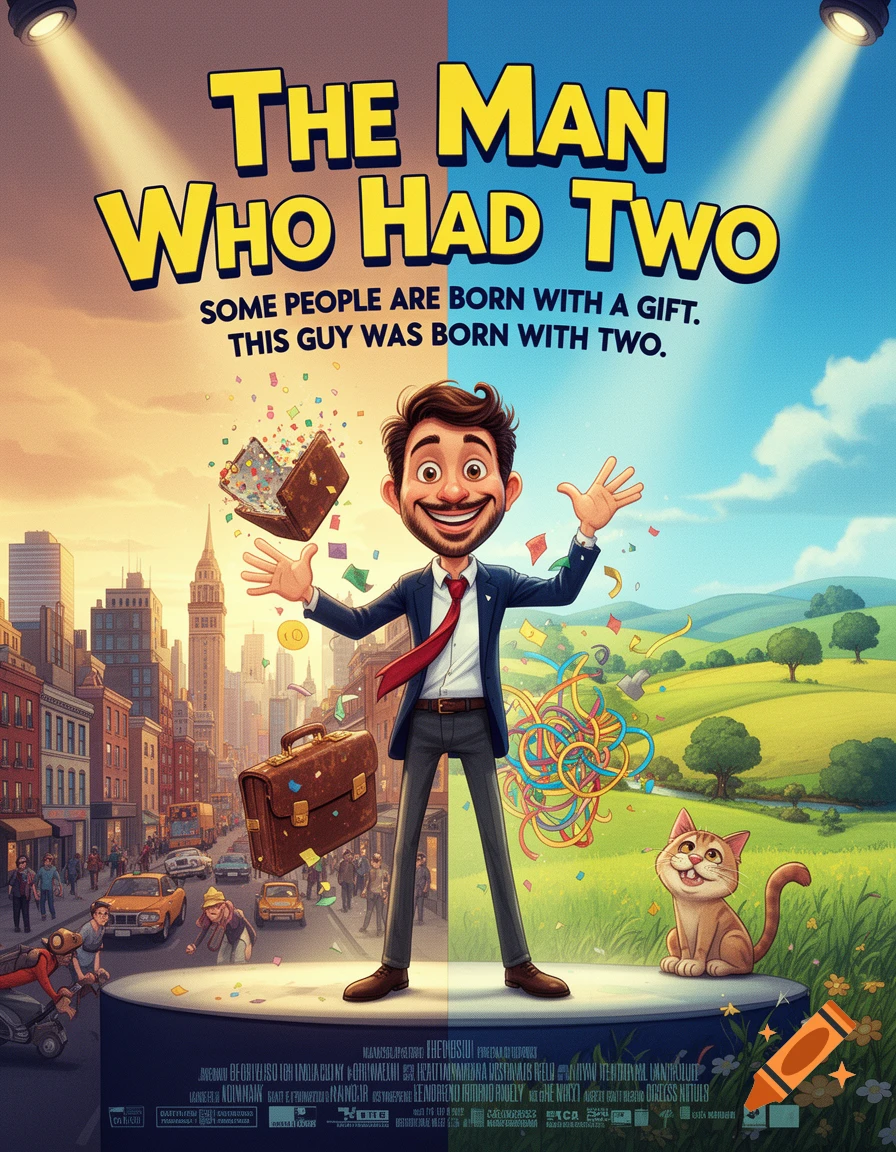 Cartoon movie poster for 'The Man Who Had Two' featuring a smiling man, money, a city, a countryside, and a cat.