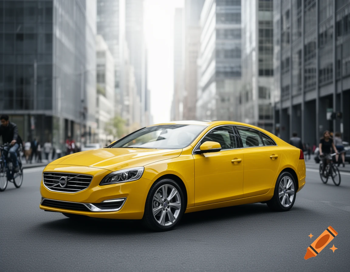 A bright yellow Volvo sedan on a city street with blurred tall buildings and pedestrians in the background.
