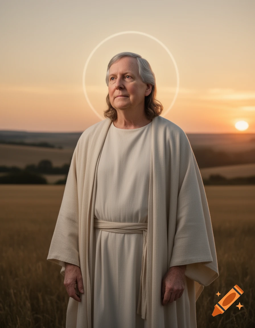 Photorealistic portrait of a person resembling Mitch McConnell as Jesus with a halo, in white robes, in a field at sunset.