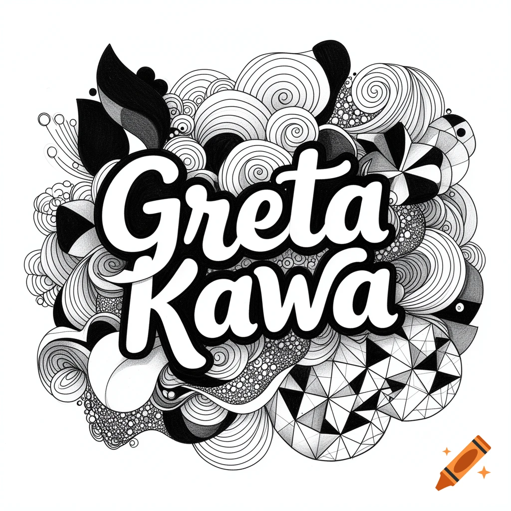 Stylized black and white doodle art featuring the name "Greta Kawa" amidst intricate swirling patterns and geometric shapes.