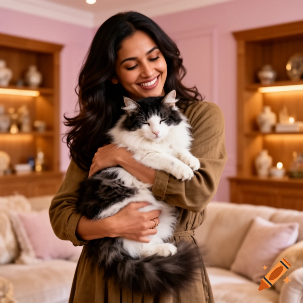 A smiling woman with dark hair holds a fluffy black and white cat in a cozy living room.