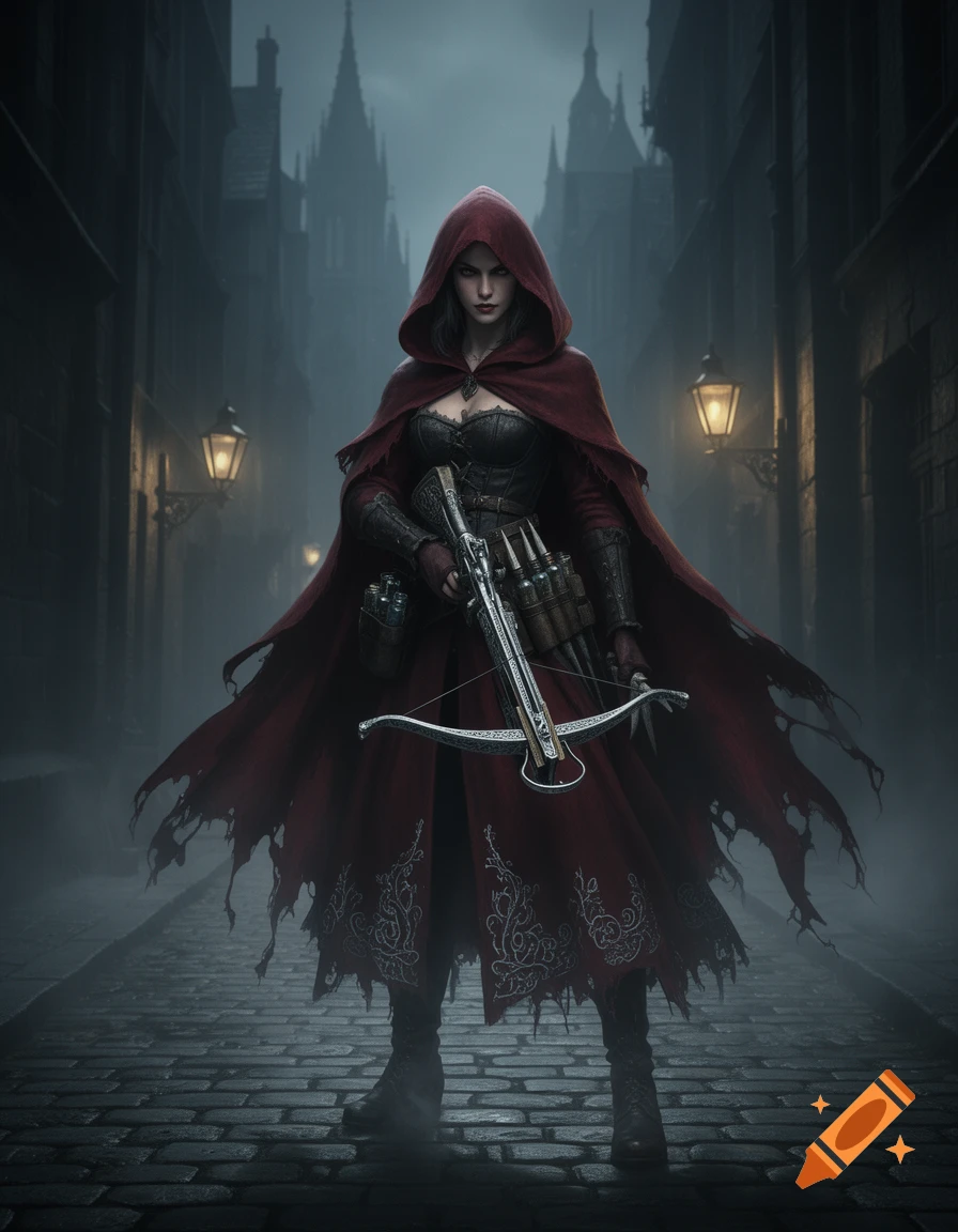 A female hunter in a red hooded cloak holds a crossbow on a dark, misty gothic street with tall buildings.