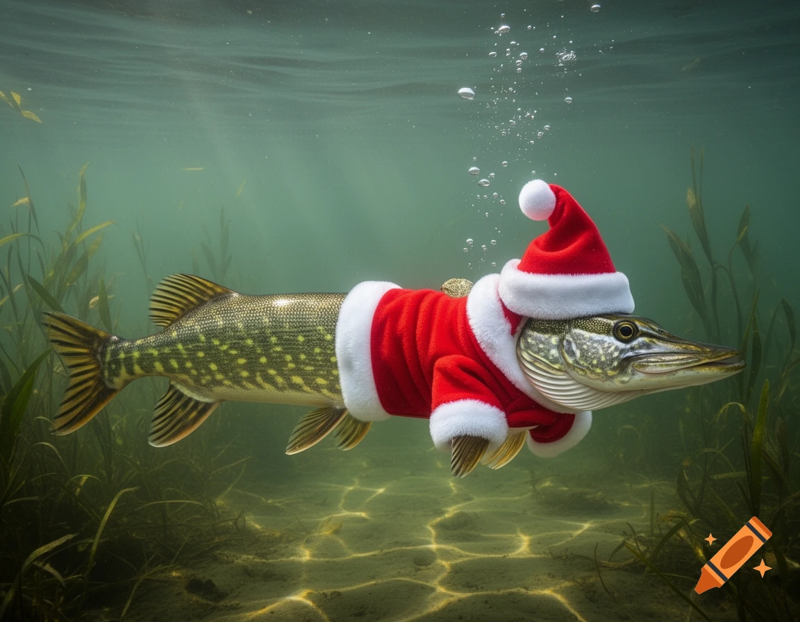 A pike fish wearing a red and white Santa costume swims underwater among green plants with bubbles floating above.