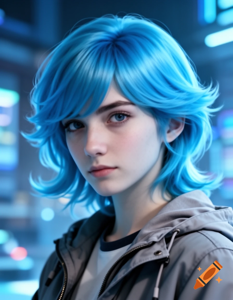 A stylized portrait of a young person with vibrant blue hair and blue eyes, wearing a gray hoodie, against a blurred urban background.