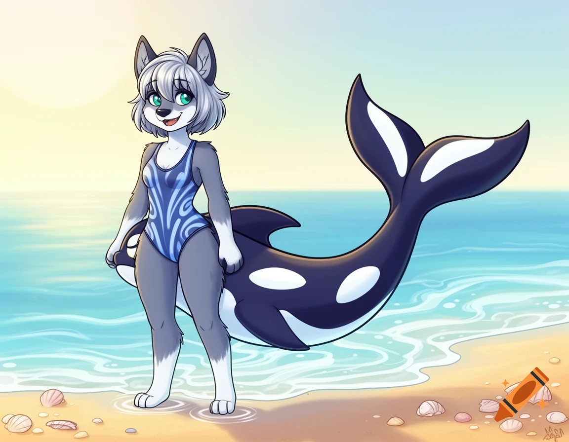 A cartoon wolf-orca fursona with silver hair and blue-green eyes, wearing a blue swimsuit, standing on a sunny beach.