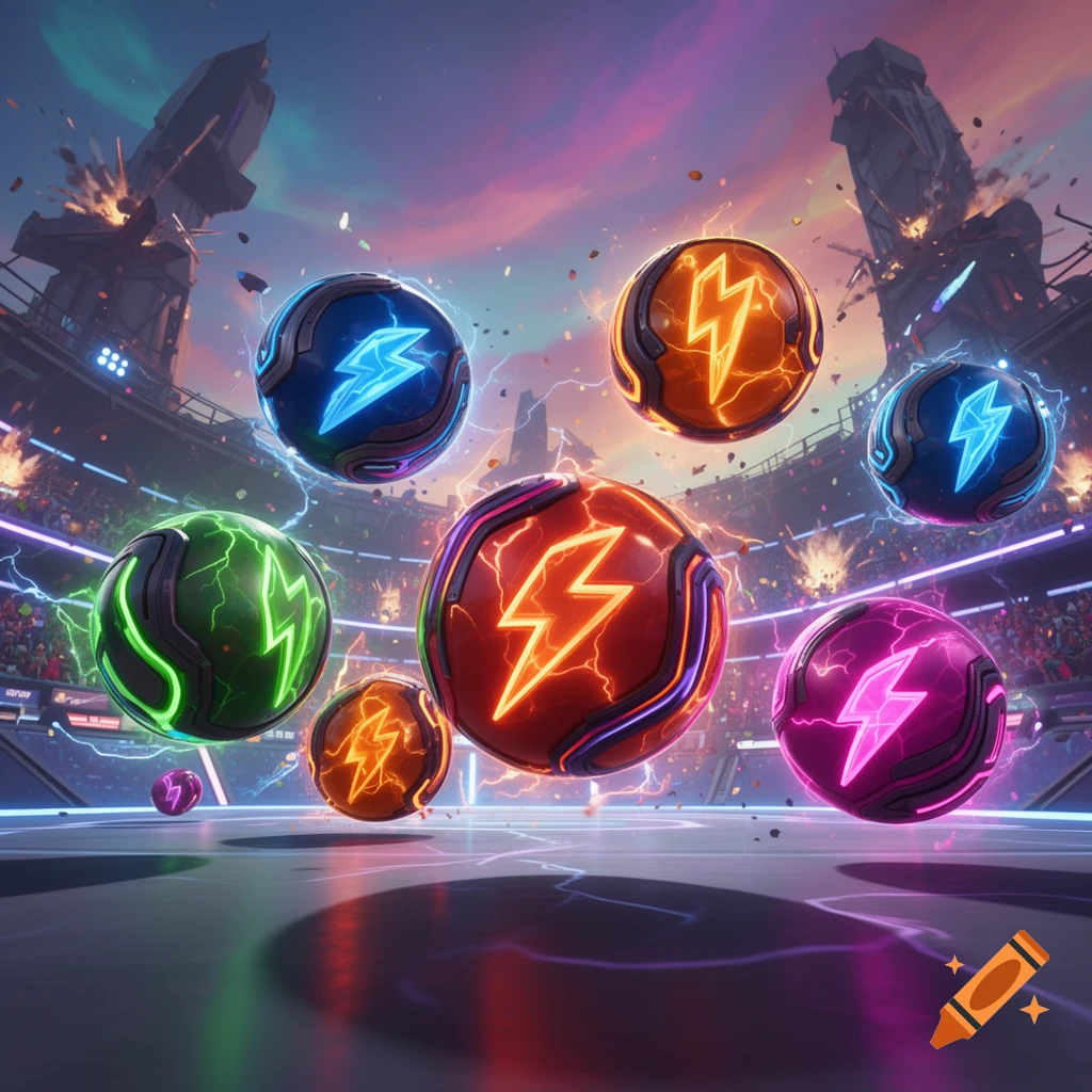 Multiple glowing, colorful orbs with lightning bolt symbols float in a futuristic arena with explosions in the background.