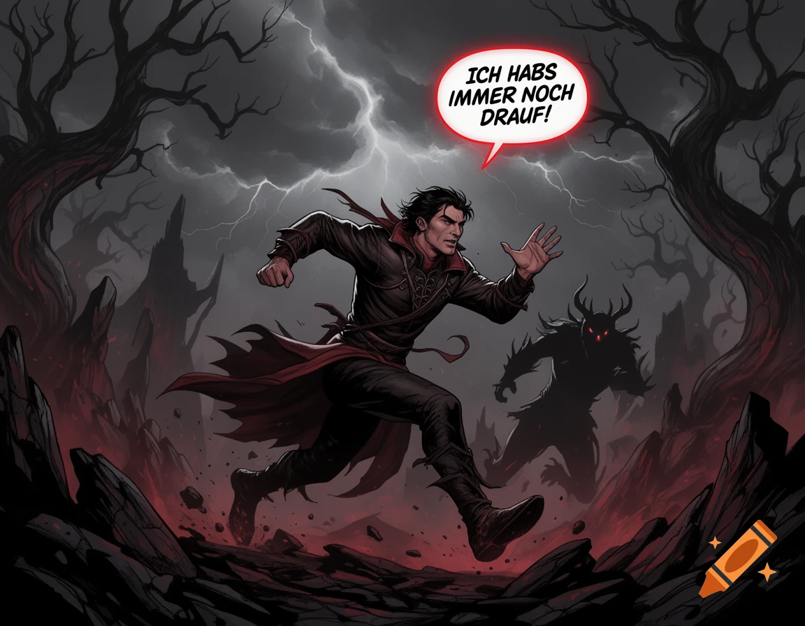 A man in gothic attire runs from a horned monster in a dark, stormy landscape, with a speech bubble saying 'ICH HABS IMMER NOCH DRAUF!' in a comic style.