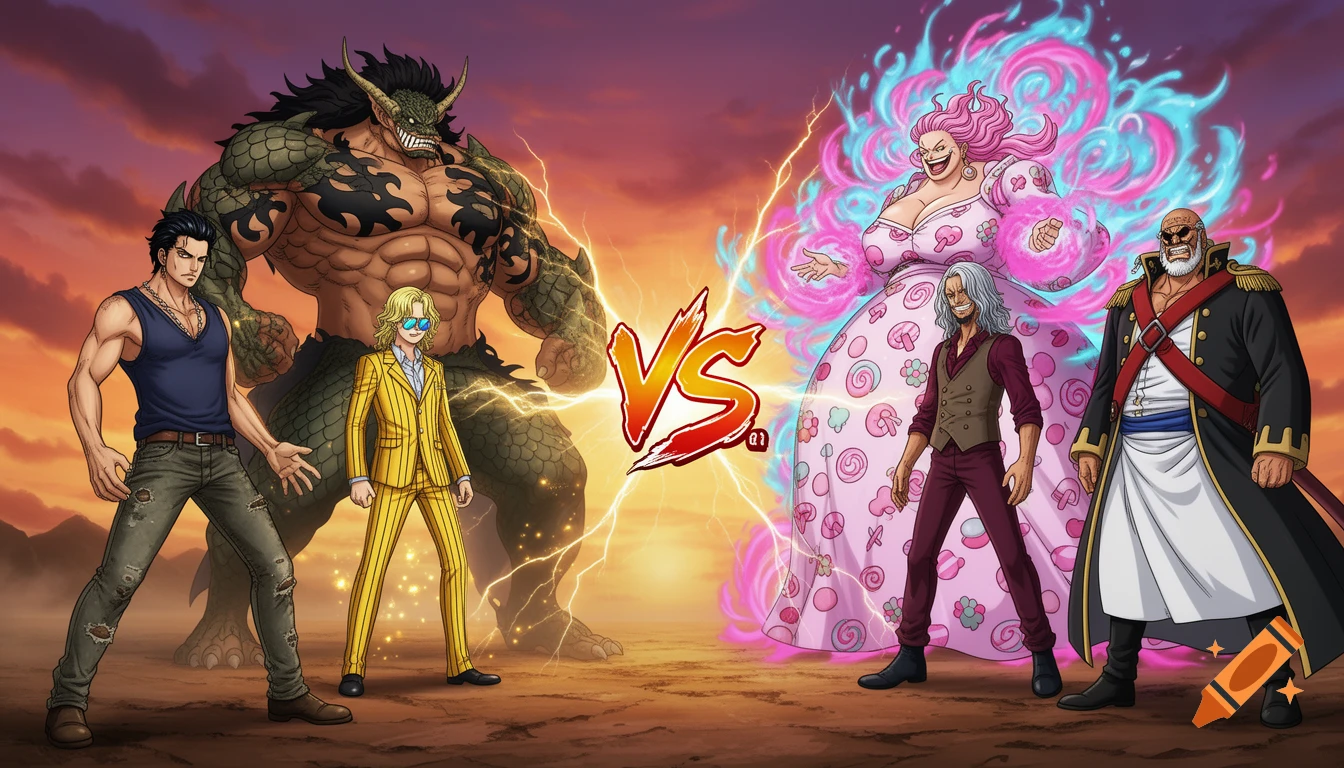An epic anime-style battle scene with two teams of characters facing off under a dramatic sky. A giant green dragon-like creature, a man in a tank top, and a man in a yellow suit stand on the left, opposing a large woman in a pink dress, a man with gray hair, and an old bearded man on the right. A prominent 'VS' sign is in the center.