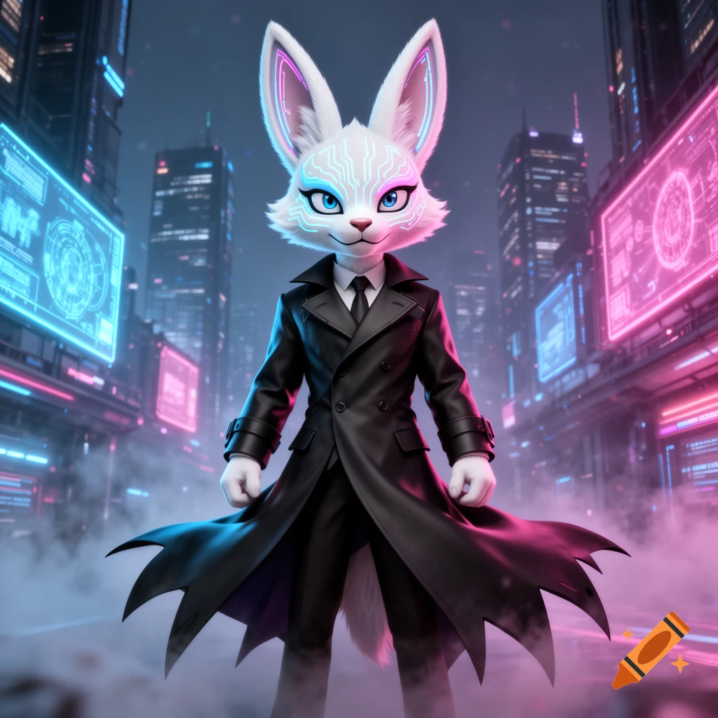A white furry character with blue and pink glowing facial lines, wearing a black trenchcoat, stands in a futuristic cyberpunk city at night.