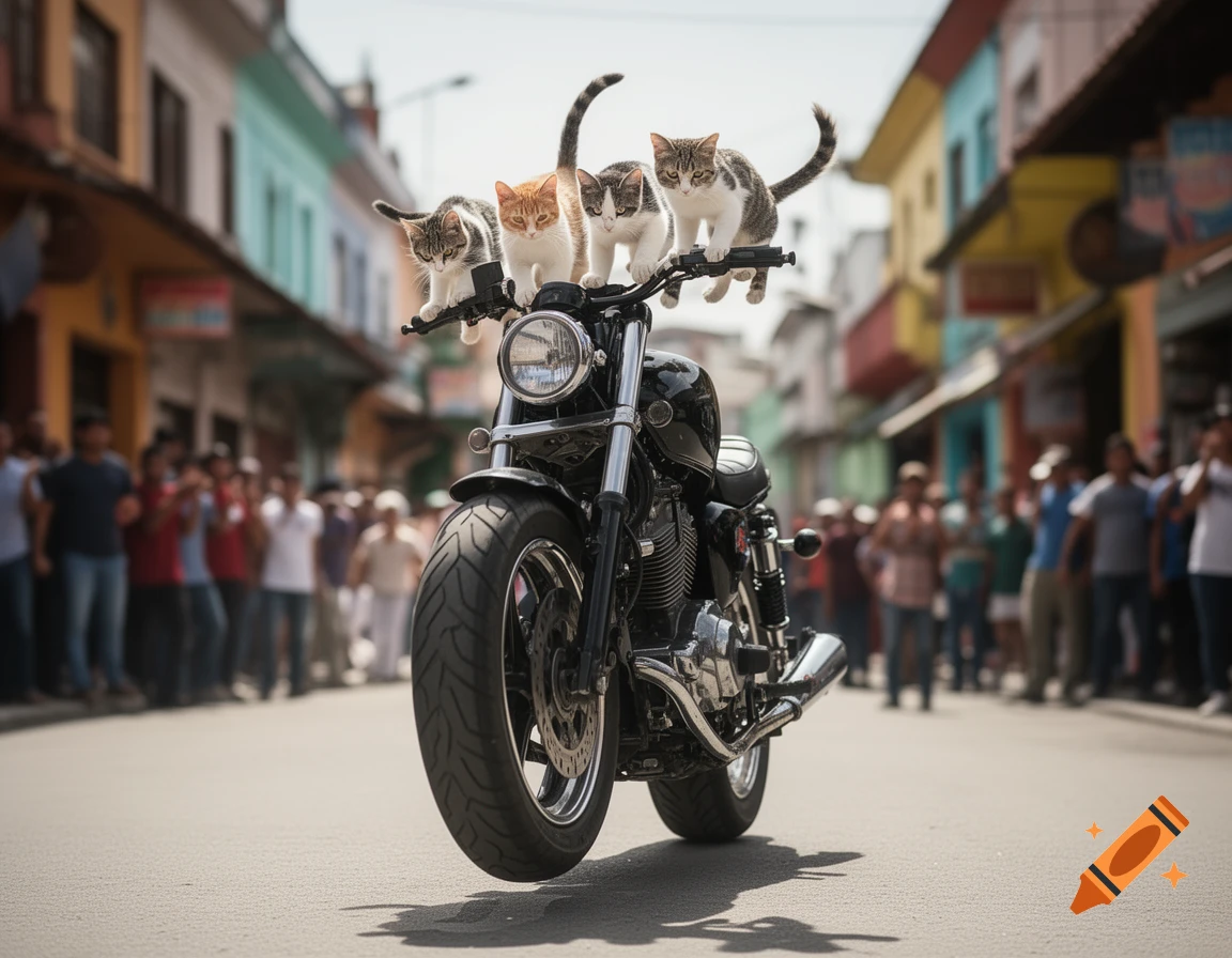 Several photorealistic cats balance on the handlebars of a motorcycle doing a wheelie on a colorful urban street.