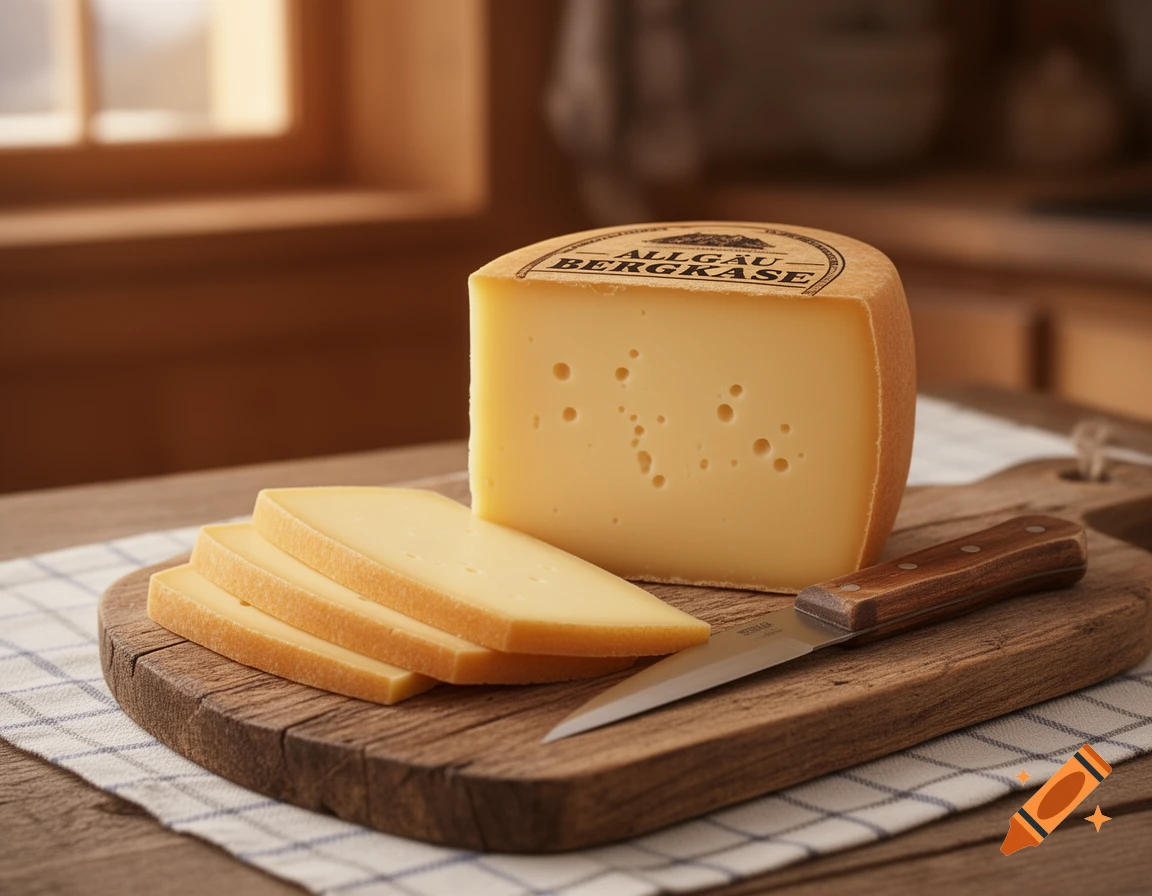 A photorealistic close-up of a wedge of Allgäu Bergkäse cheese with several slices and a knife on a wooden cutting board.