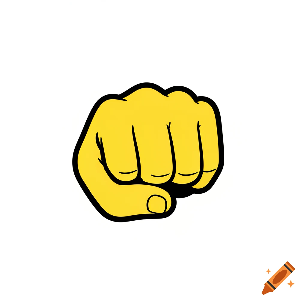 A bold yellow cartoon fist icon with a thick black outline, in a flat vector style on a white background.