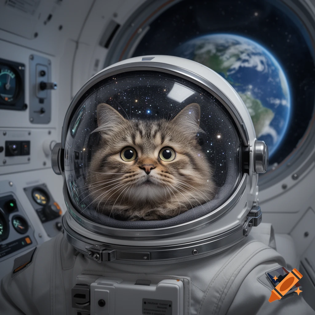 A fluffy tabby cat in an astronaut helmet and suit looks forward from inside a spaceship, with Earth visible outside a porthole.