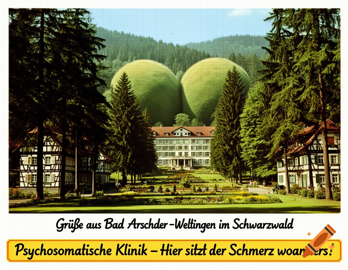 A vintage German postcard of a Black Forest landscape with a hotel and Fachwerkhäuser, nestled between two buttock-shaped hills, with German text.