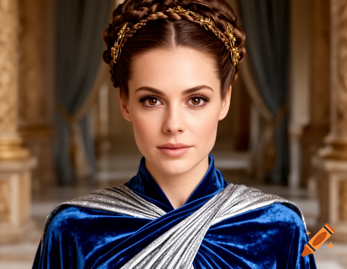 Photorealistic portrait of a young woman with braided hair, golden headwear, and a blue velvet gown, in a regal setting.