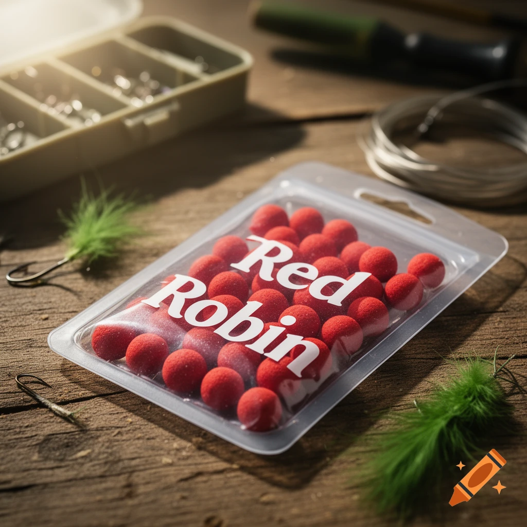 A close-up shot of a clear plastic package of red, spherical 'Red Robin' carp bait, surrounded by fishing hooks and green feathers on a wooden table.