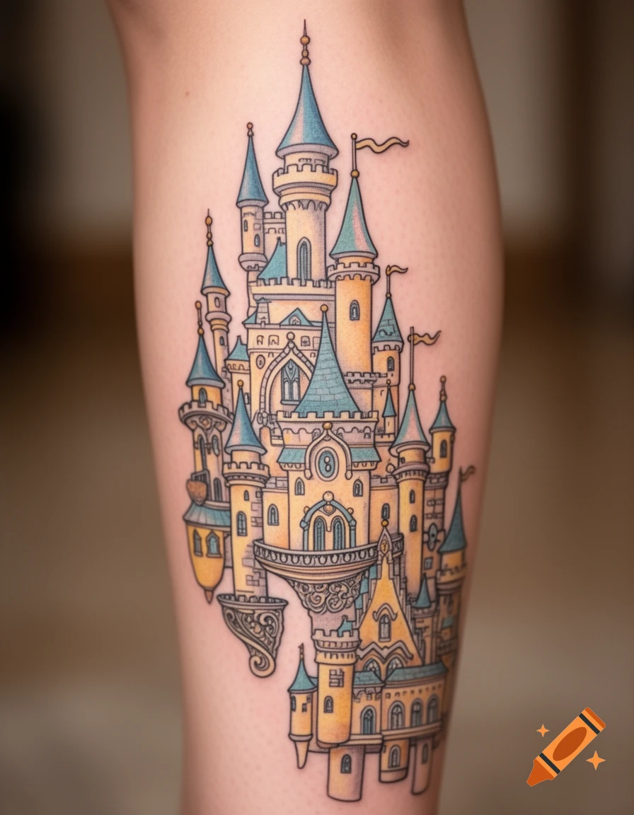 A whimsical, colorful tattoo of a fantasy castle with tall spires and intricate details on a person's leg.