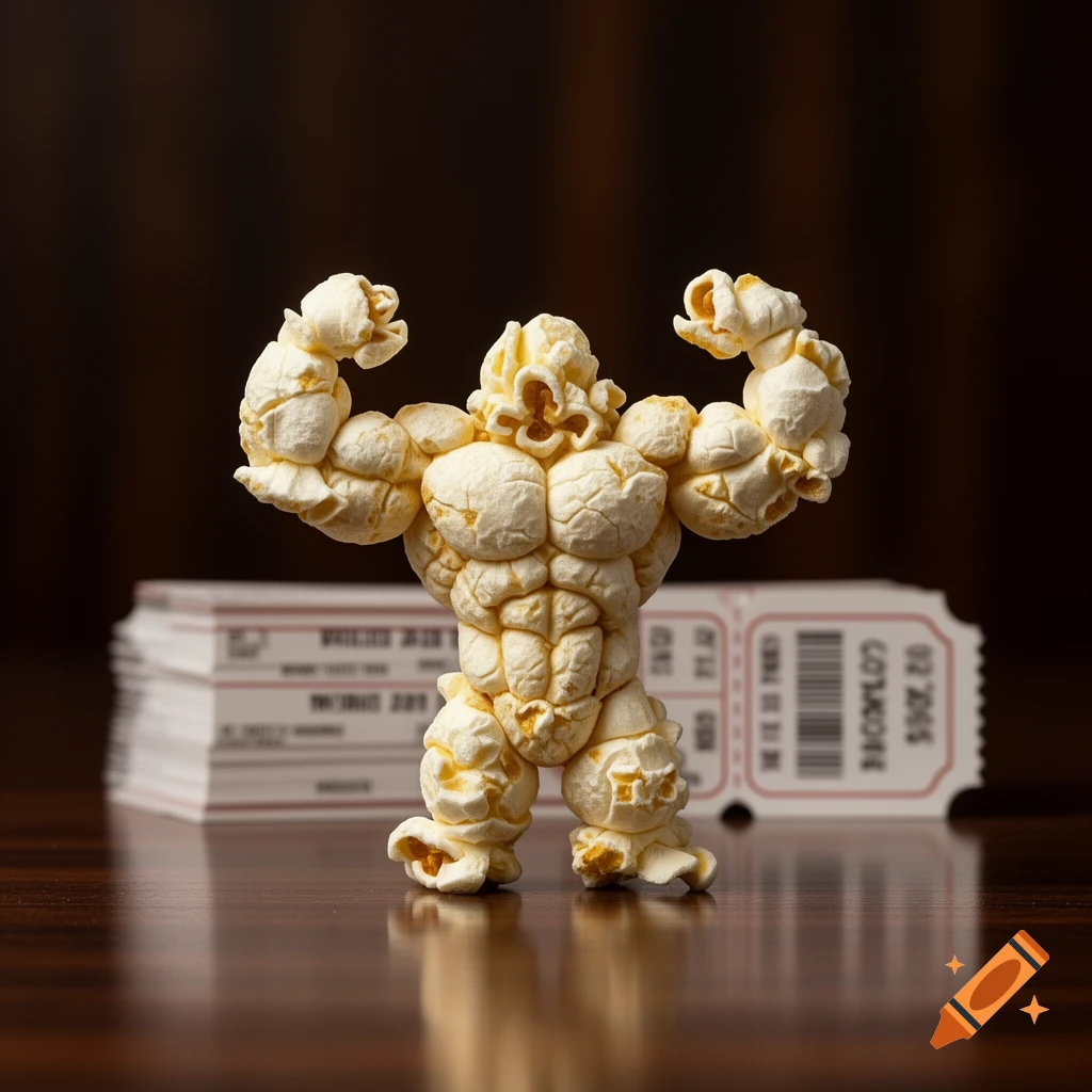 A photorealistic, muscle-bound figure made of popcorn flexing, standing on a wooden surface with movie tickets in the background.