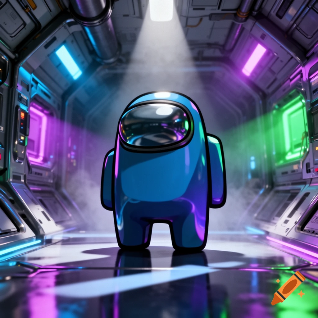 A shiny blue Among Us character stands in a futuristic spaceship corridor with neon lights.