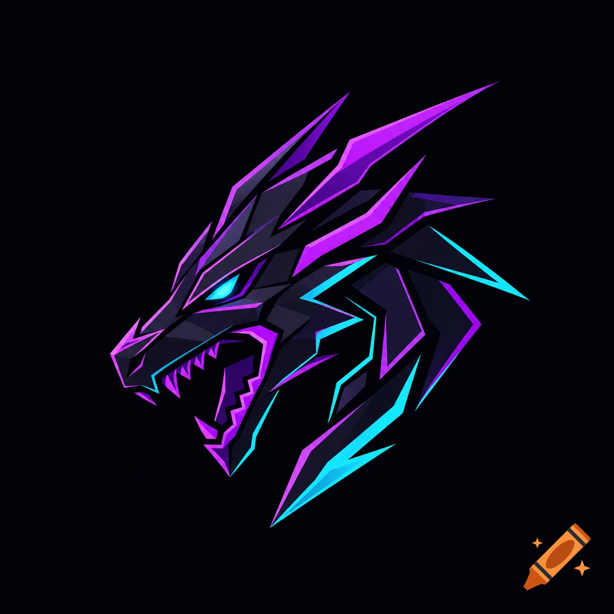 Geometric dragon head logo with sharp angular lines, illuminated by neon purple and cyan on a black background.