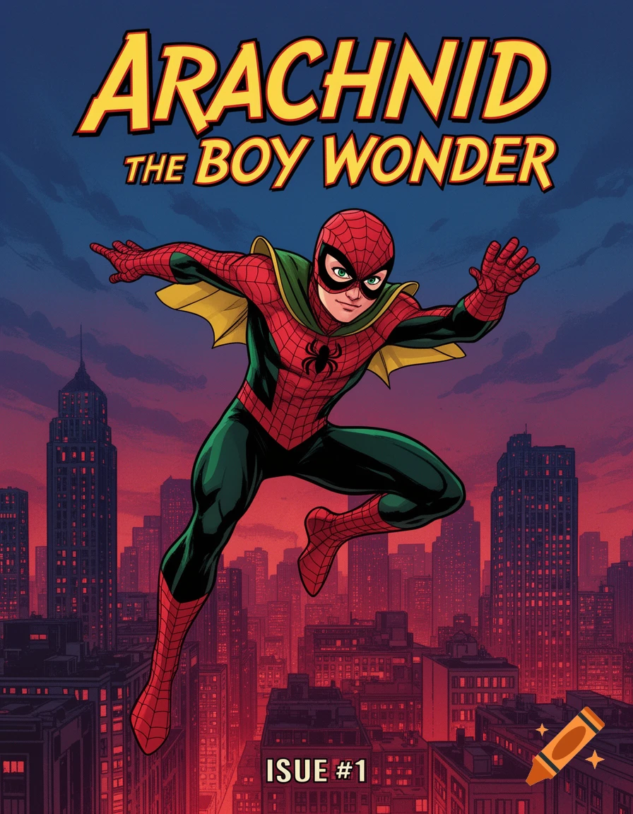 A comic book cover titled "Arachnid The Boy Wonder Issue #1" features a Spider-Man and Robin hybrid superhero flying over a city at sunset.