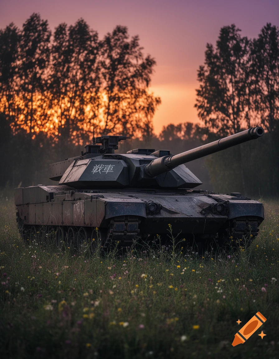 A dark green tank in a field of wildflowers against a vivid orange and purple sunset sky with silhouetted trees.