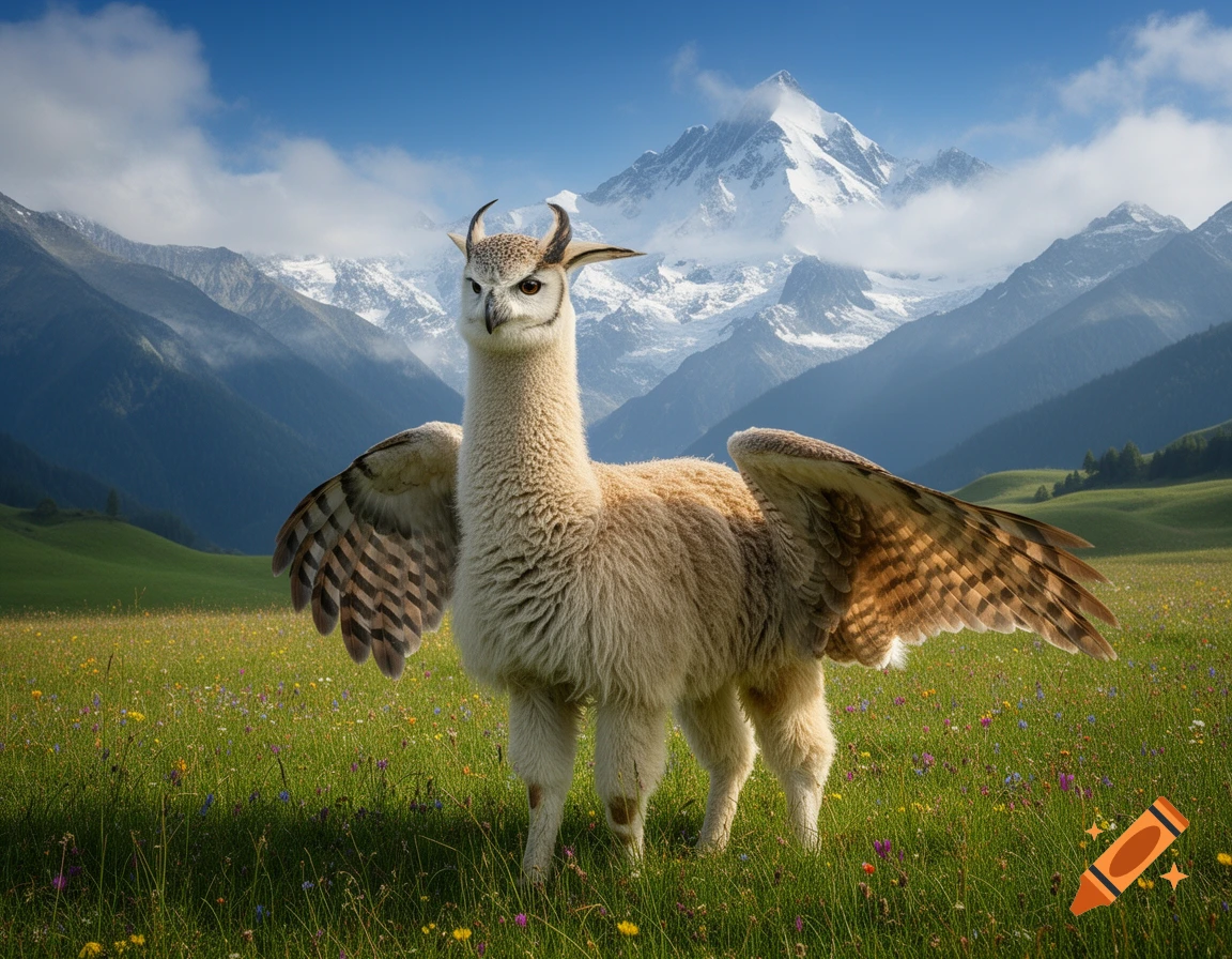 A photorealistic hybrid creature with an alpaca body, owl head, and wings stands in a wildflower meadow before snow-capped mountains.