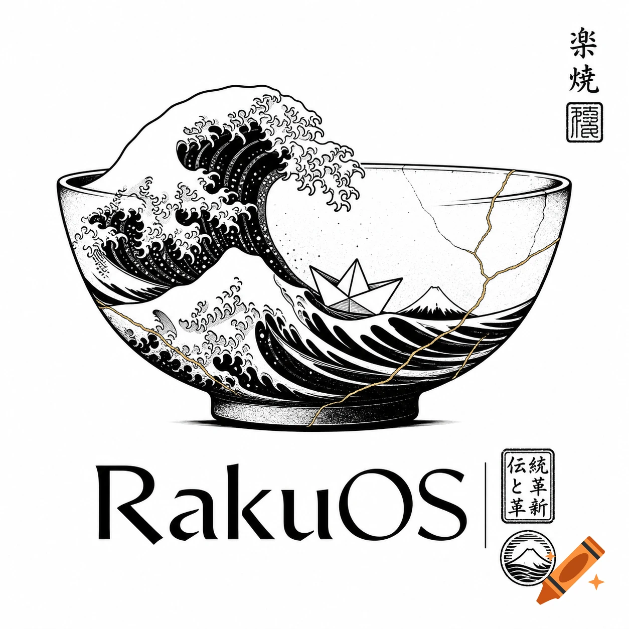 A black and white vector icon of a Raku bowl with a stylized Great Wave of Kanagawa, an origami boat, and Mt. Fuji inside, featuring gold Kintsugi repairs and the 'RakuOS' logo.