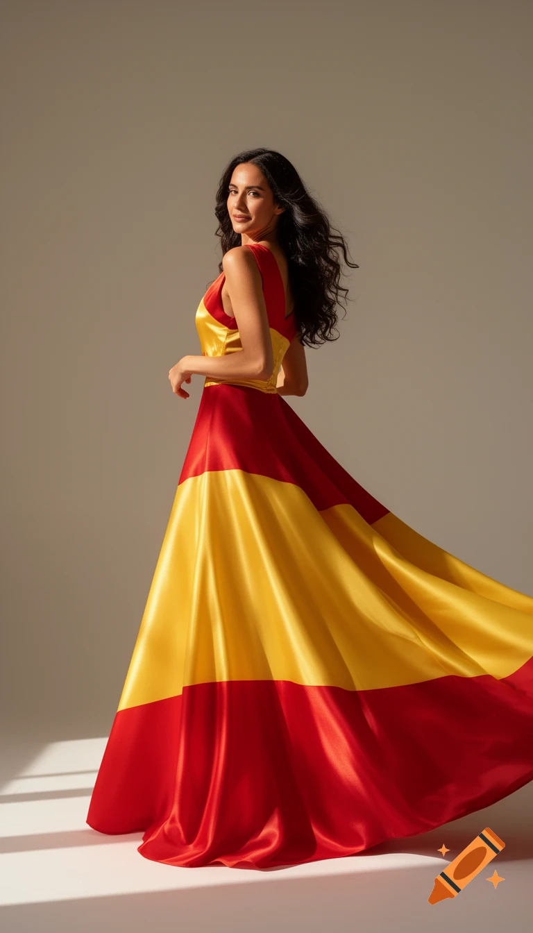Photorealistic image of a woman in a flowing red and yellow dress, resembling the Spanish flag, looking over her shoulder and smiling.